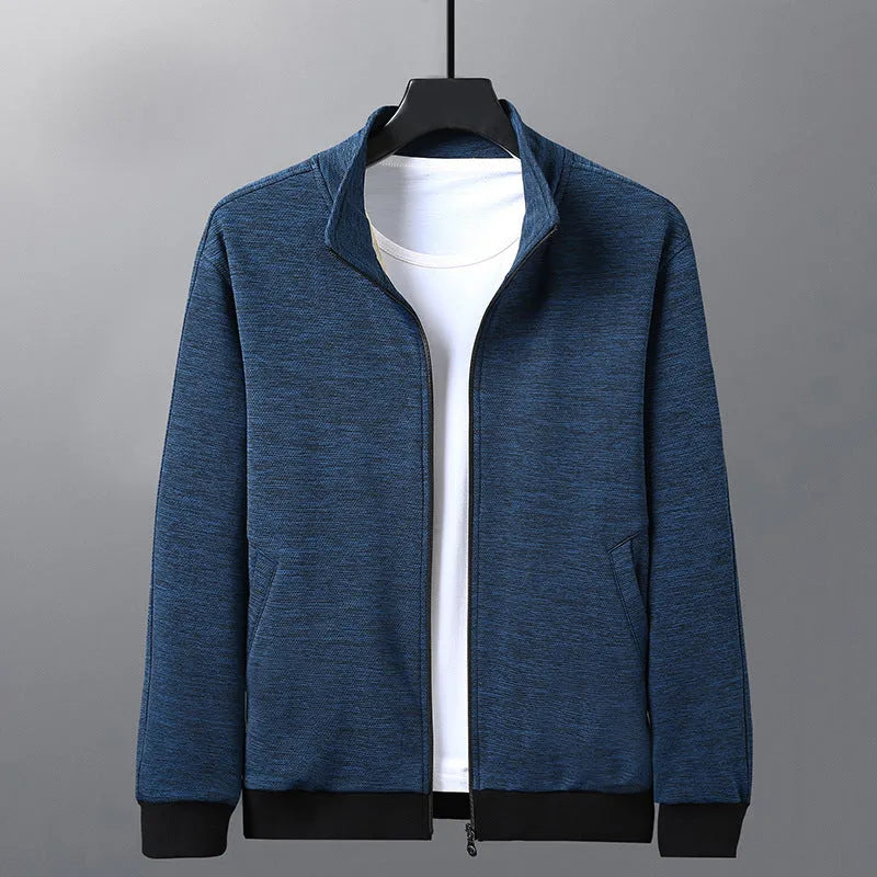 Men's athletic jacket with stand-up collar and front zipper in blended fabric