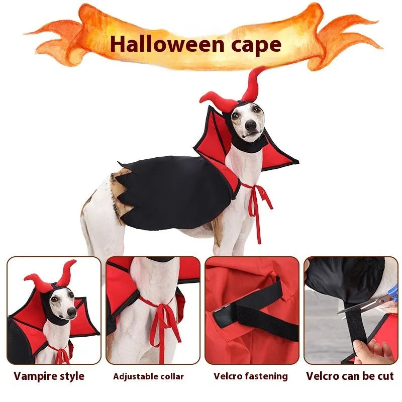 Black polyester vampire cloak and matching hat for a pet Halloween costume.