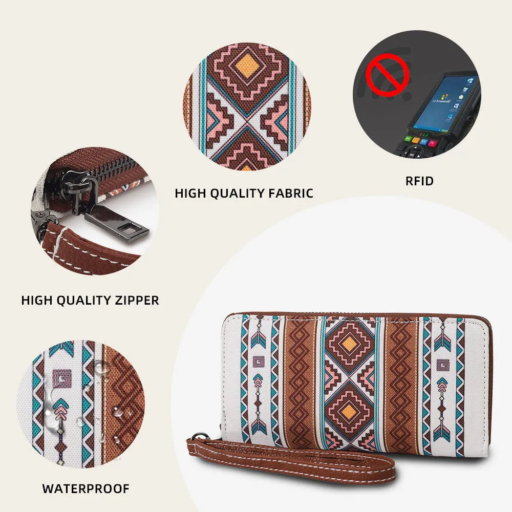 Bohemian striped canvas RFID wallet with wind belt design and anti-theft protection