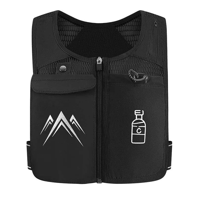Running vest with integrated phone pouch in breathable mesh fabric, shown in classic black colour