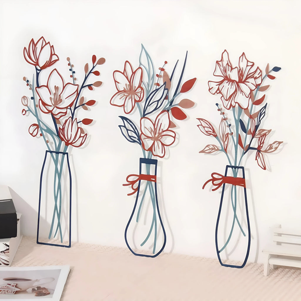 Three metal flower wall art pieces in rustic farmhouse style for bathroom decoration