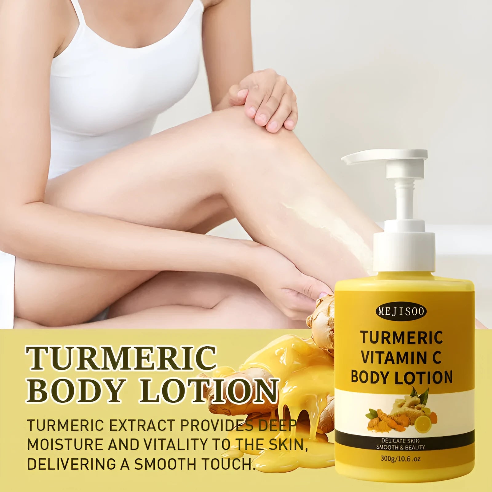 Turmeric VC Body Lotion 300g hydrating skin rejuvenating moisturising firming body cream in white and orange packaging