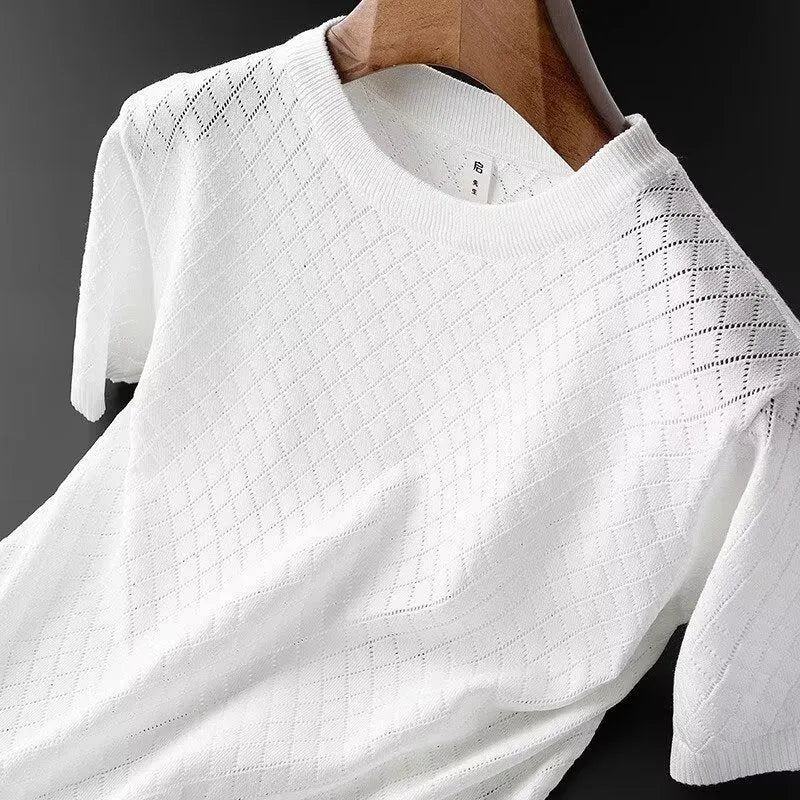 Men's black and white ice silk V-neck and round neck short sleeve t-shirt on a hanger.