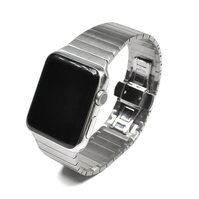 Silver stainless steel metal chain Apple Watch band with butterfly buckle clasp