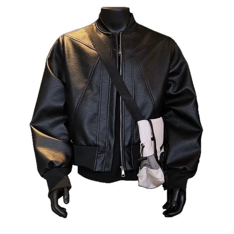 Men's black PU litchi leather jacket with extended 100cm length and light business styling