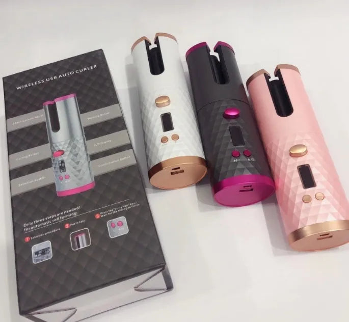 Portable wireless USB charging mini curling iron in white colour with gold ceramic barrel