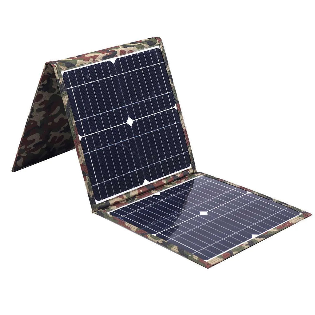 Black foldable 36W portable solar panel with car charger and USB hub accessories on a table.