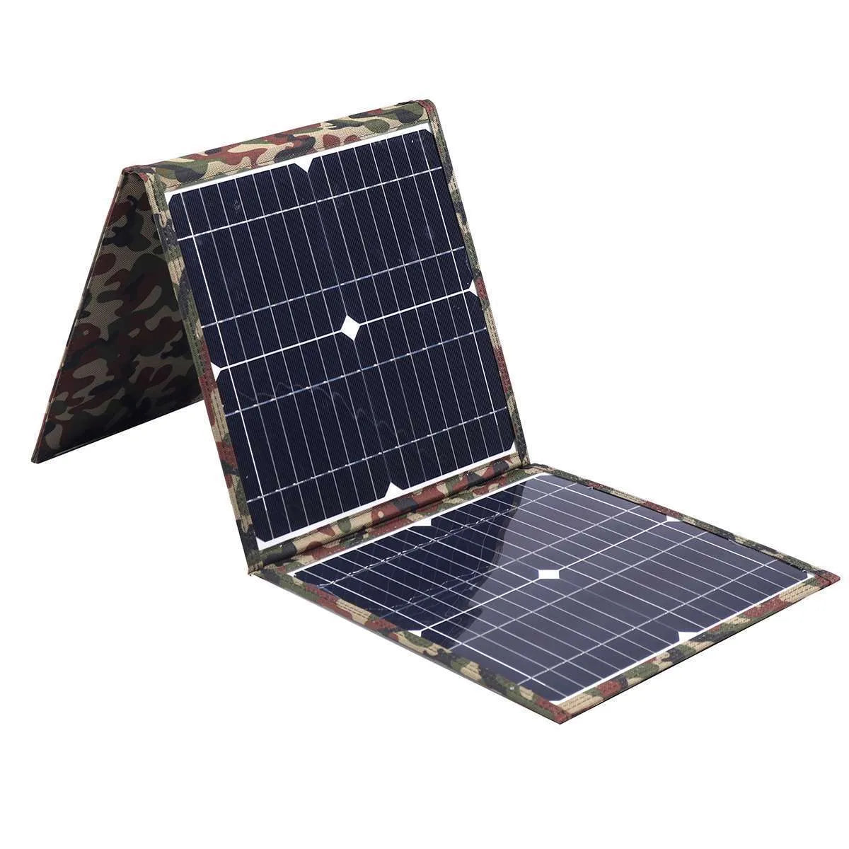 Black foldable 36W portable solar panel with car charger and USB hub accessories on a table.