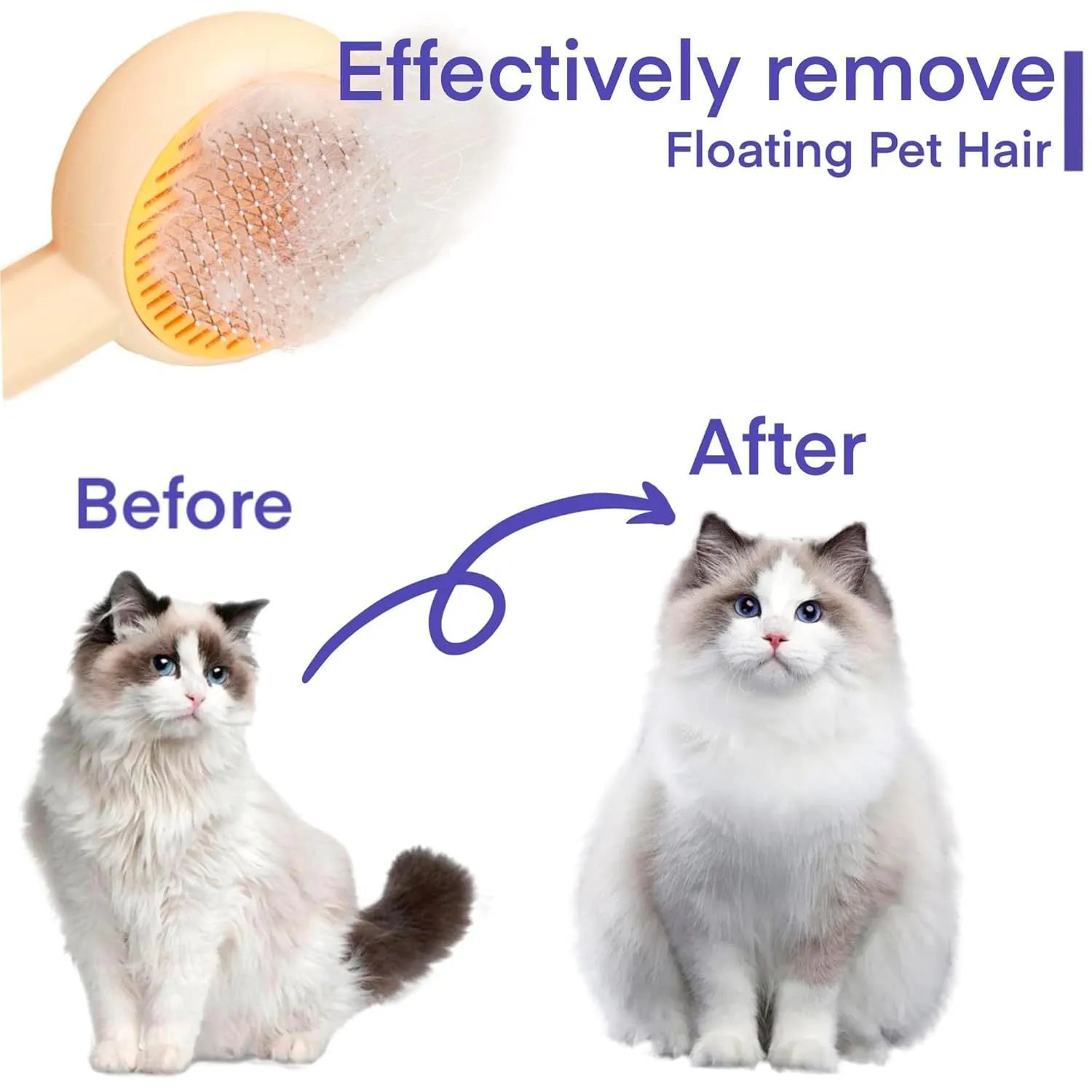 Blue pet grooming brush with angled metal pins and self-cleaning button for dogs and cats