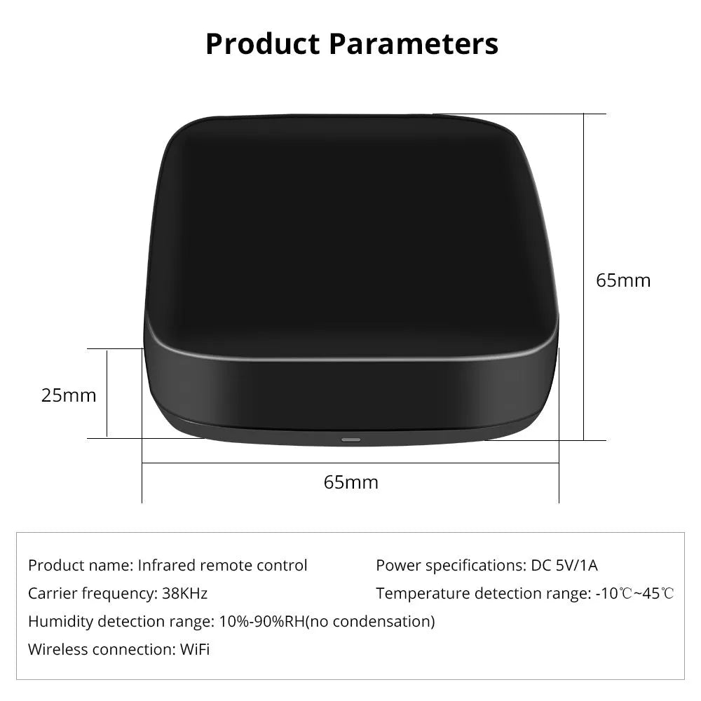 Black universal infrared remote control with voice control and WiFi connection.
