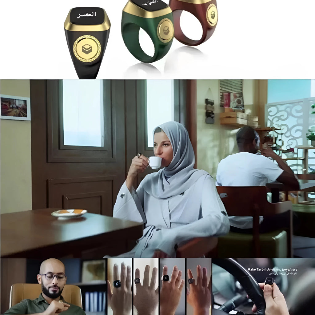 Zikr1 Tasbih smart counter ring in metal with OLED display, shown in available colours.