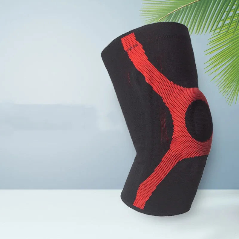 Knitted non-slip silicone sports knee pads in red and grey colours for running and climbing.
