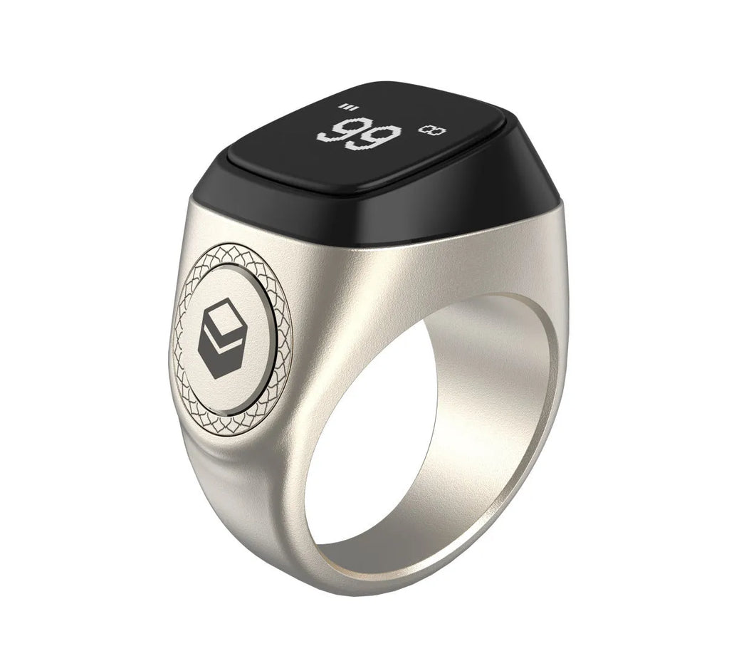 Zikr1 Tasbih smart counter ring in metal with OLED display, shown in available colours.