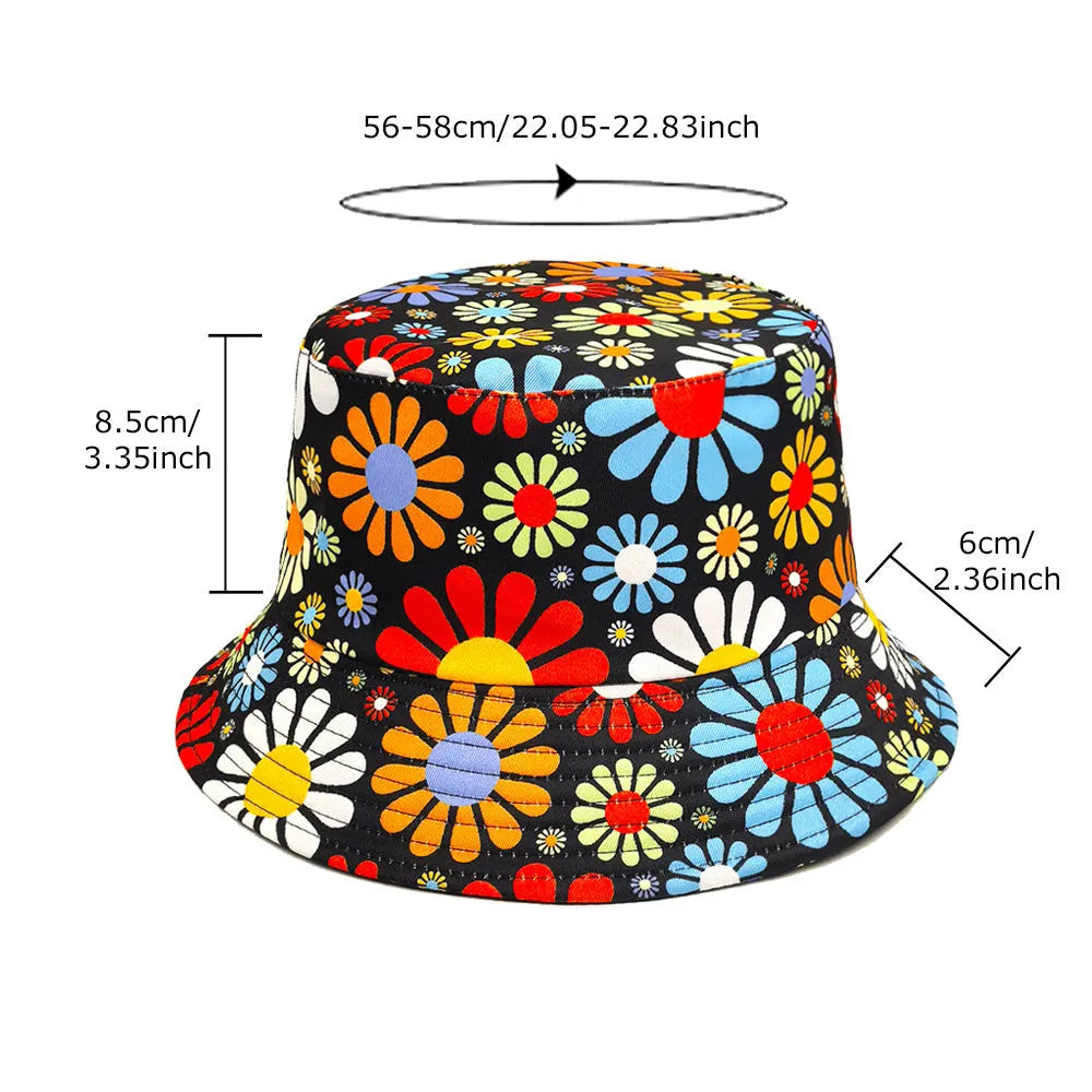 Colourful floral print polyester bucket hat with dome crown in medium size 56-58cm