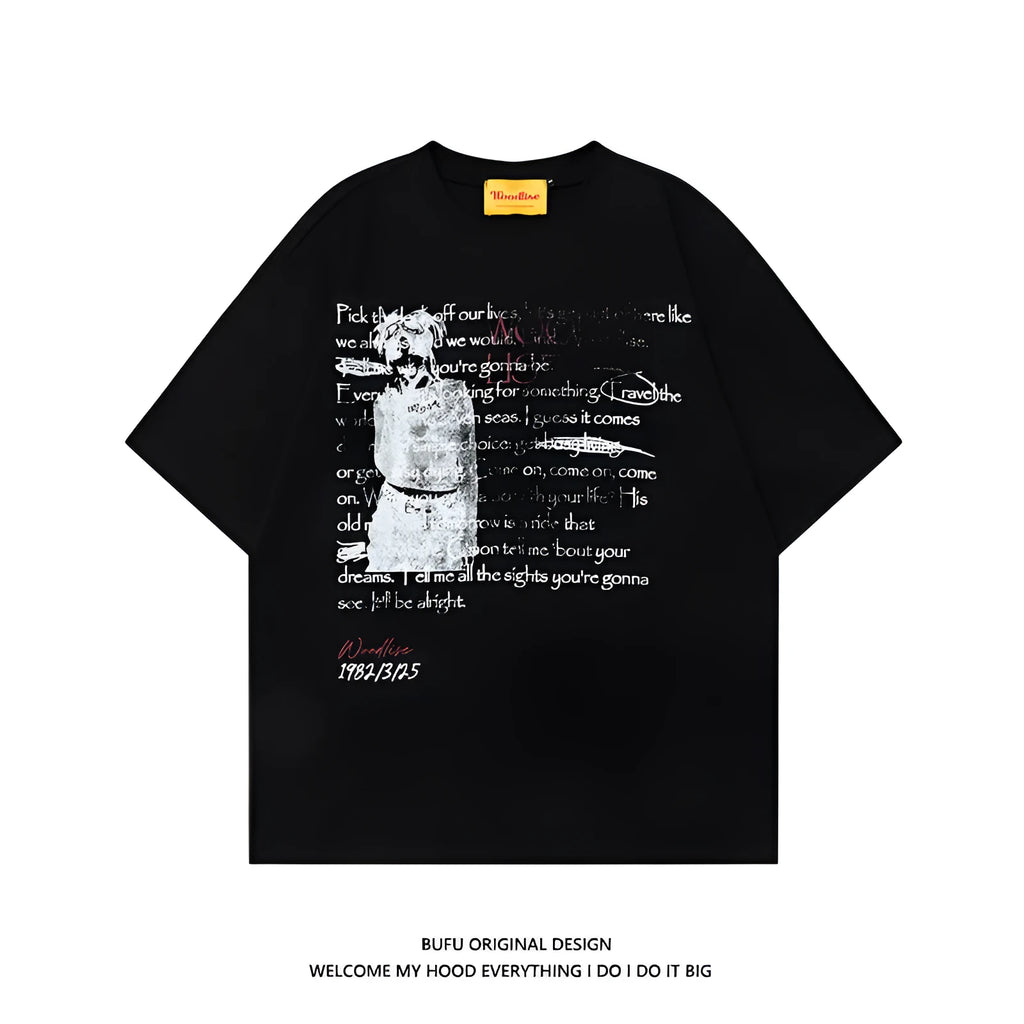 Men's black pure cotton t-shirt with white retro letter print and loose fit short sleeves