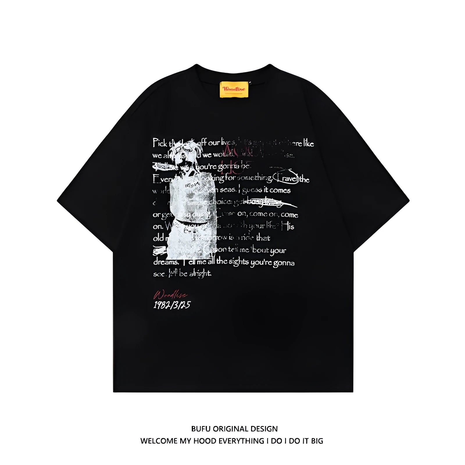 Men's black pure cotton t-shirt with white retro letter print and loose fit short sleeves