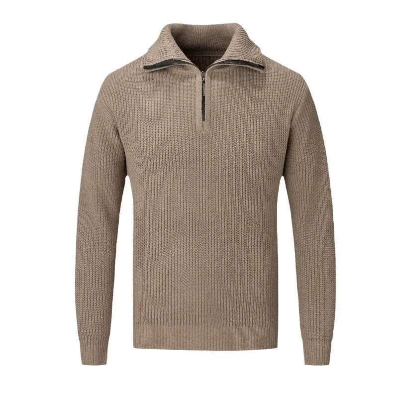 Men's solid colour slim fit pullover sweater in a wool blend fabric on a grey background.