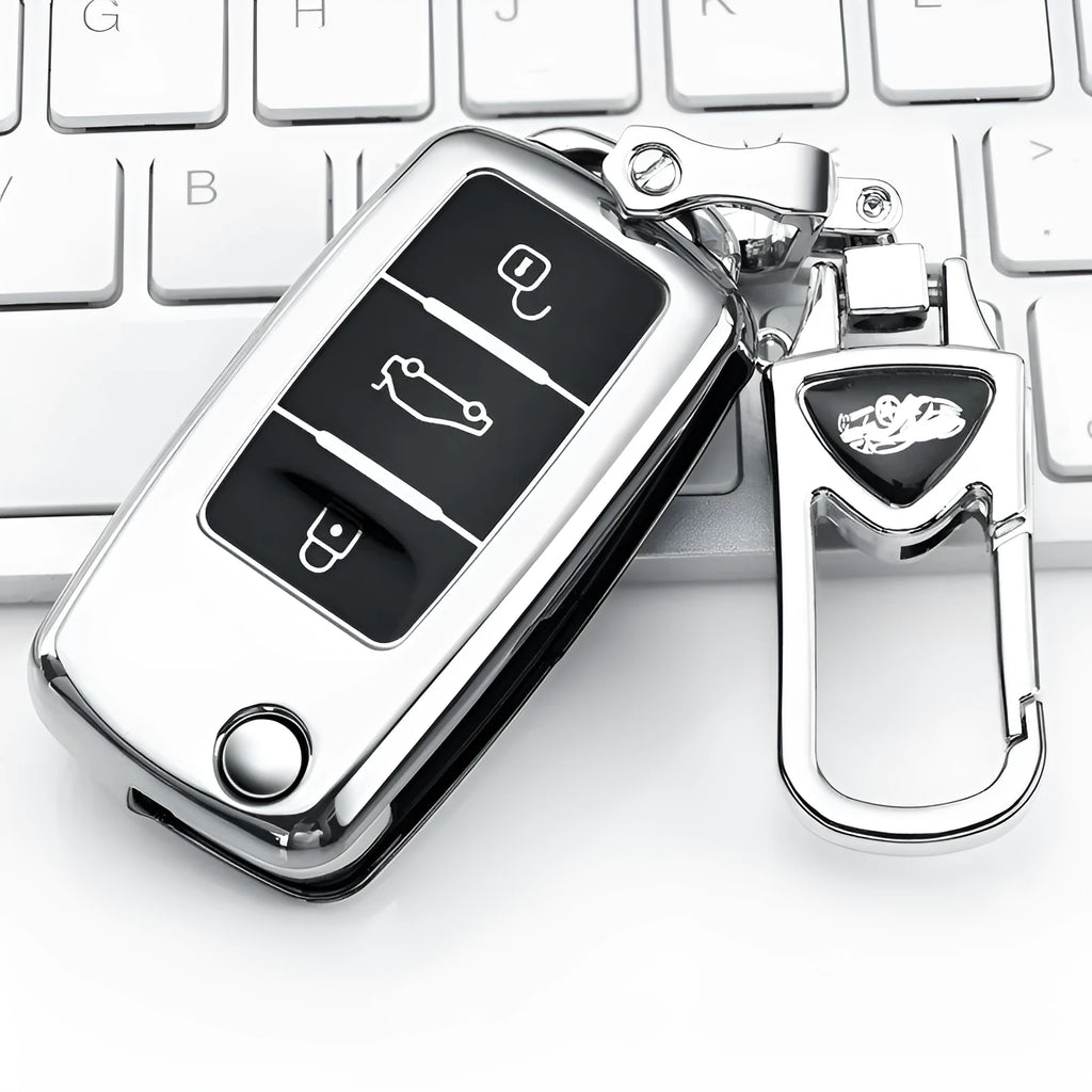 Volkswagen VW Model A folding three-button car key inside a TPU protective case with a buckle closure.