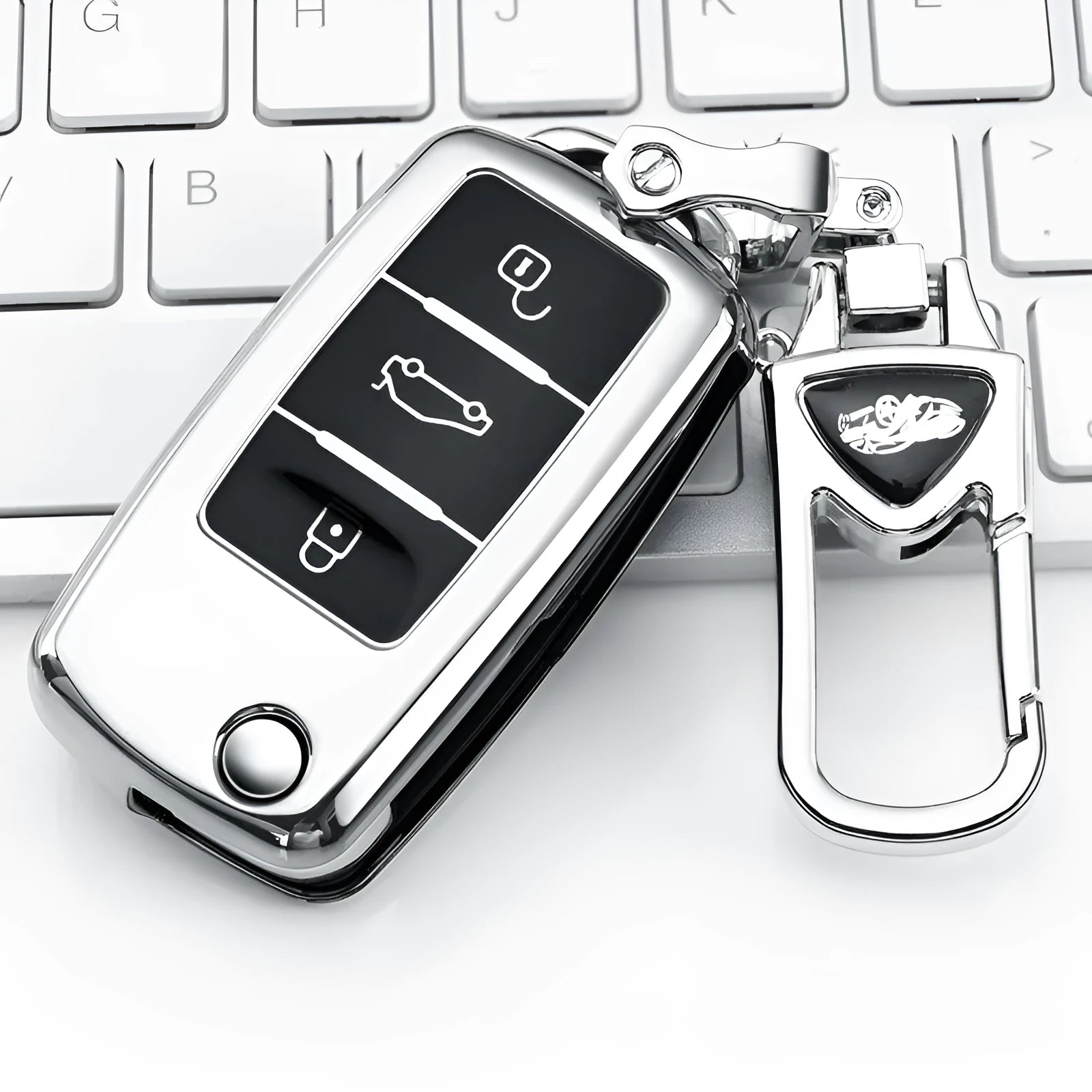 Volkswagen VW Model A folding three-button car key inside a TPU protective case with a buckle closure.