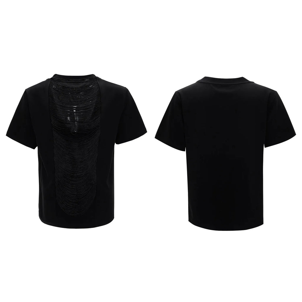 Men's black polyester t-shirt with V-neck hollow out design and loose fit