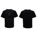 Men's black polyester t-shirt with V-neck hollow out design and loose fit