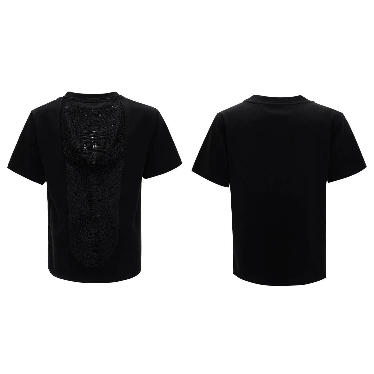 Men's black polyester t-shirt with V-neck hollow out design and loose fit
