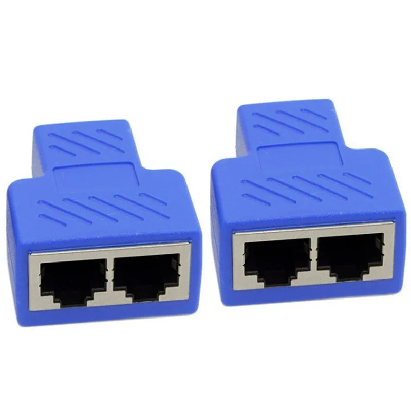 RJ45 three-way network cable splitter adapter in five colour choices.