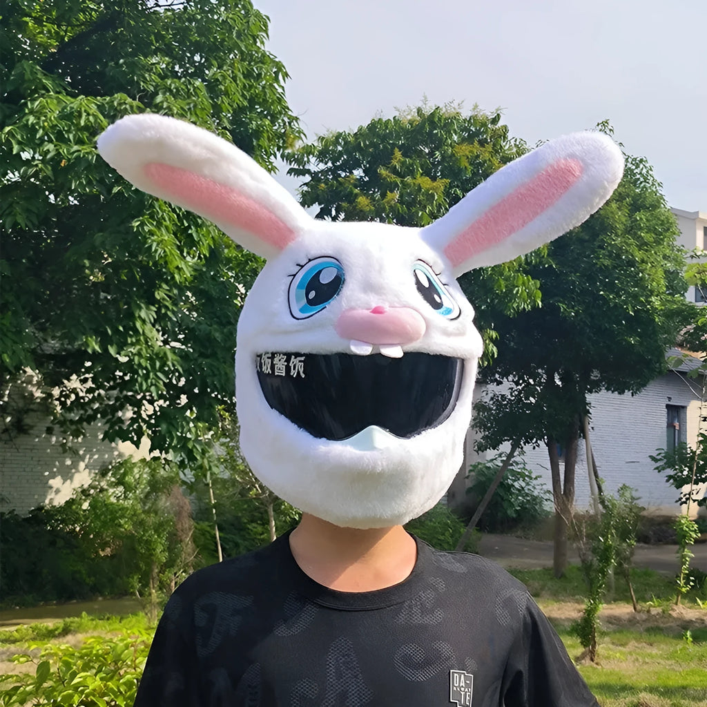 White decorative rabbit head plush cover for an electric motorcycle helmet.