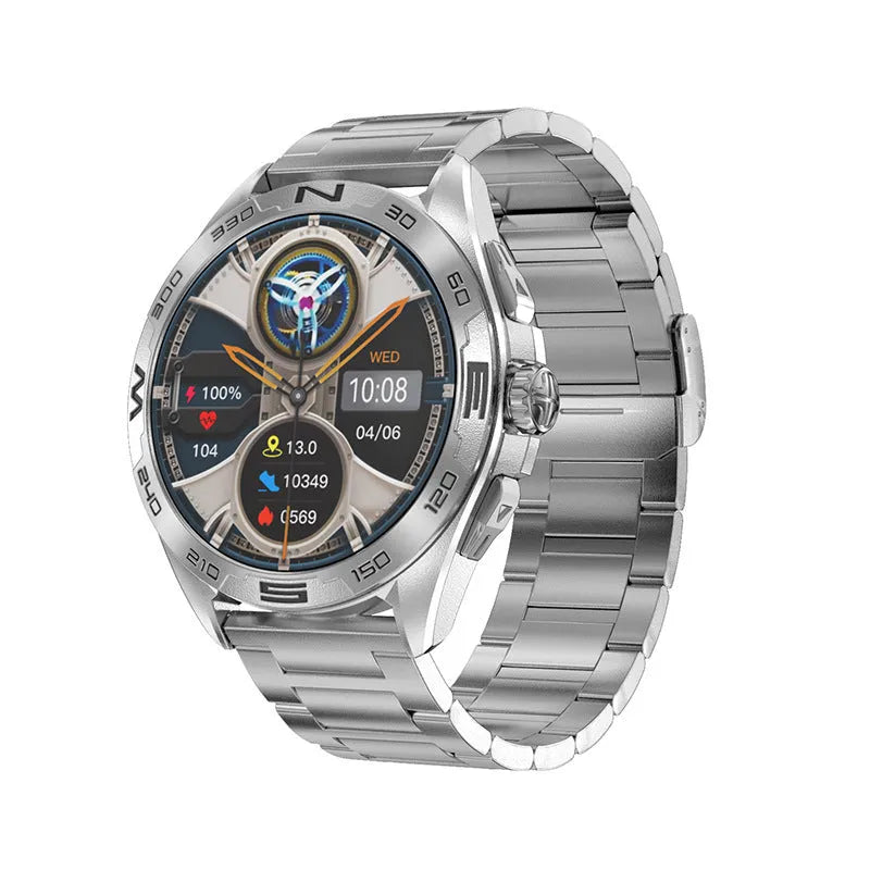Black steel smartwatch showing display with health stats and WhatsApp notification on wrist