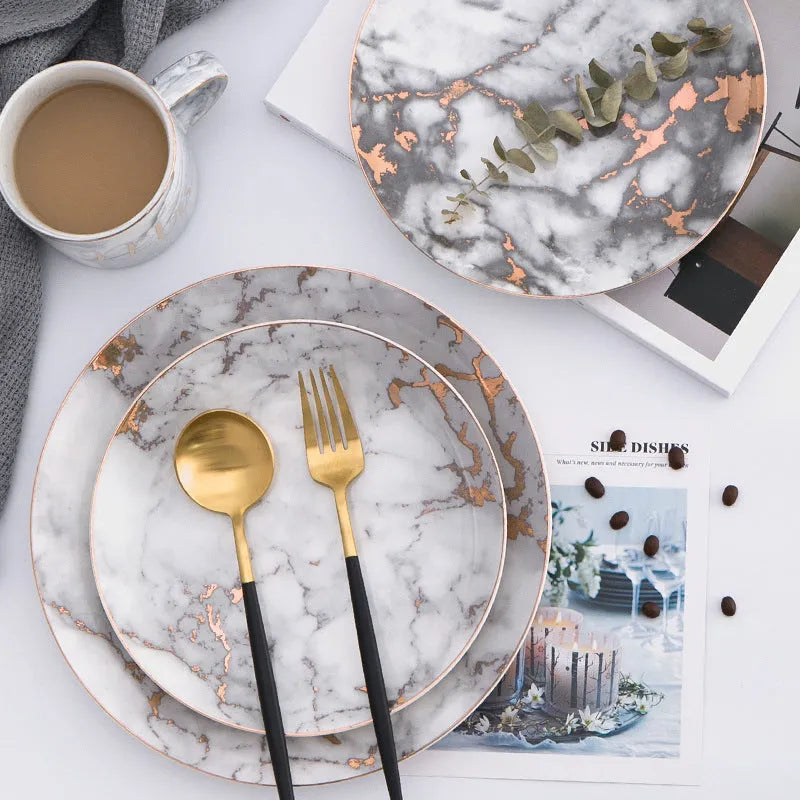 Ceramic Western steak plate with gold rim, 10-inch black option on a wooden table