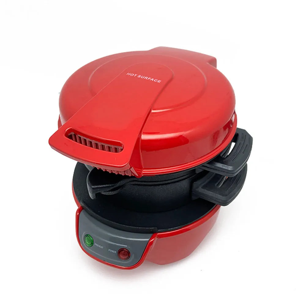 Bright red household breakfast sandwich maker with egg cooker ring and waffle plates on a kitchen counter.