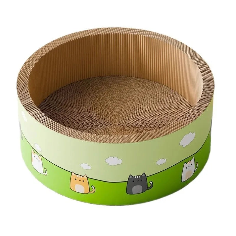 Large round corrugated paper cat scratching board with deep pits, shown in 45cm and 50cm sizes.