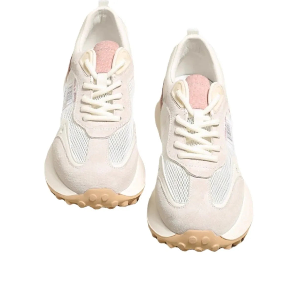 Women's pink and grey retro low-top sneaker with round toe and flat rubber sole.