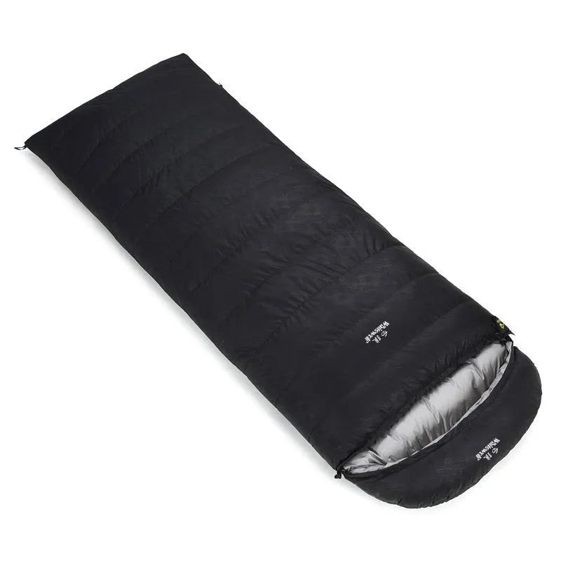 Black outdoor sleeping bag with goose down filler and envelope structure for adult camping use