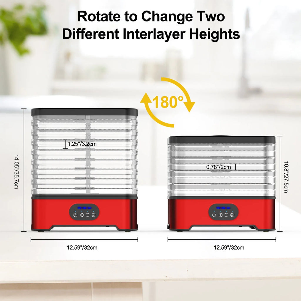 Silver household food dehydrator with eight stainless steel drying trays and digital control panel