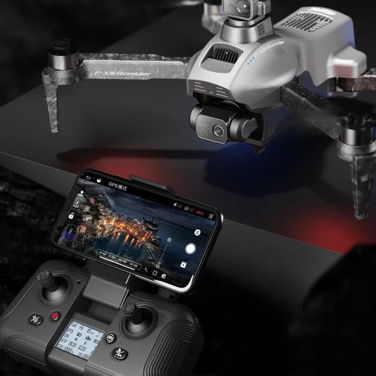 White folding quadcopter drone with 4K camera and obstacle avoidance sensors in unfolded position