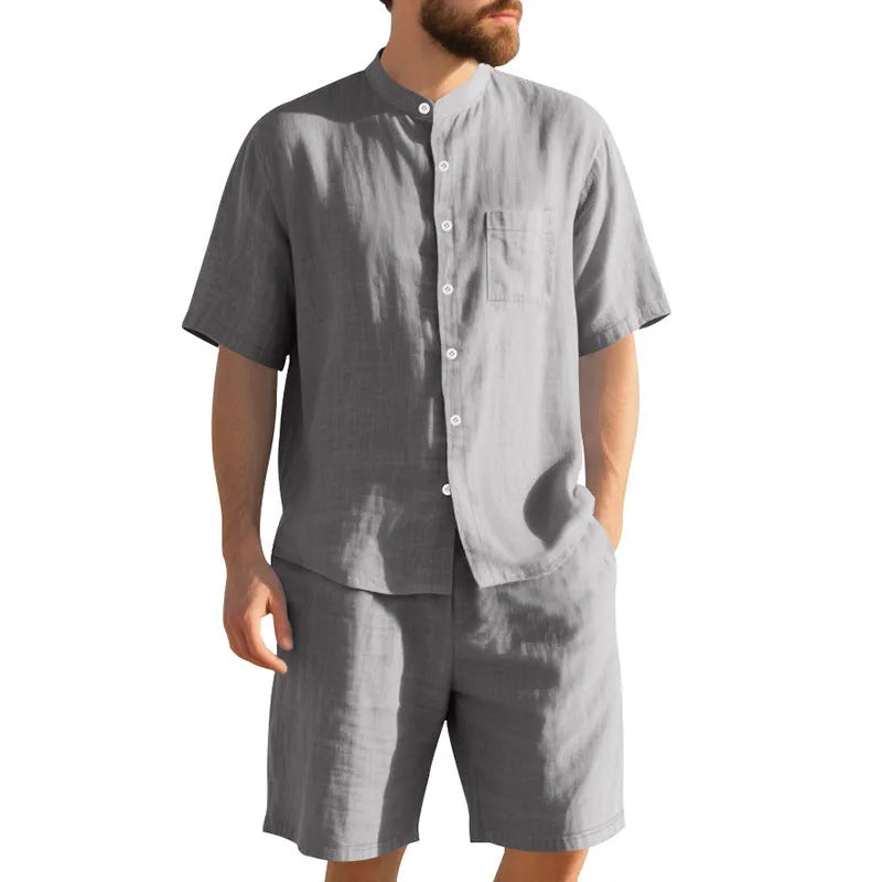 Men's linen summer two-piece suit with short sleeve Henry collar jacket and matching shorts