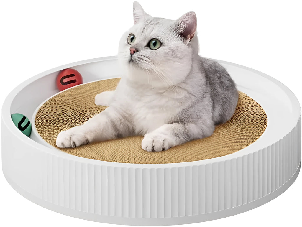 Large circular cat scratching board with integrated ball toys measuring 45cm diameter