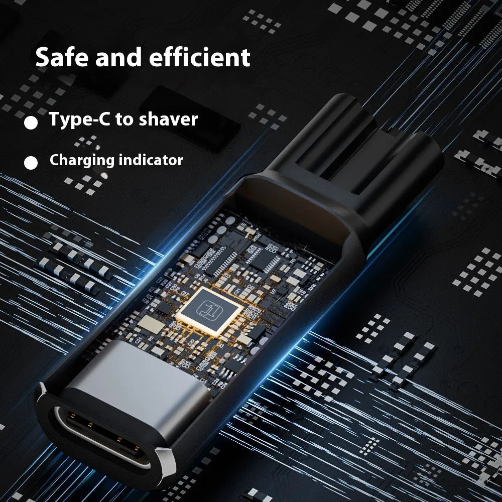 Black aluminium USB-C charging adapter for electric shavers with 8W 4.3V output.