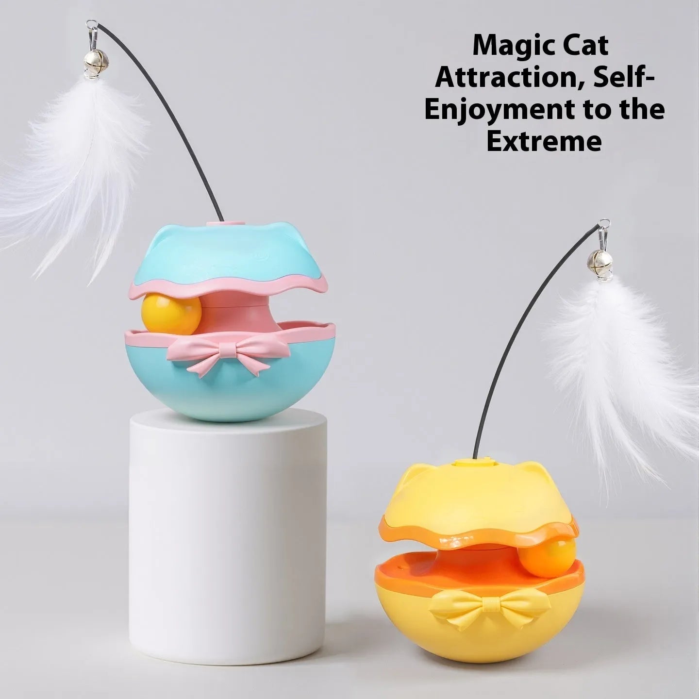 Electric cat toy tumbler with motion sensor in lemon yellow, sky blue or soft fog grey plastic