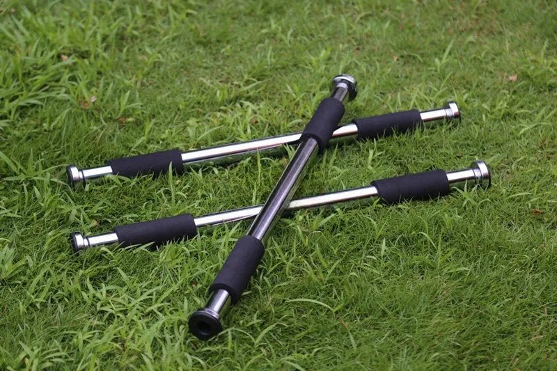 Adjustable steel horizontal pull-up bar with parallel bars extended for door frame installation