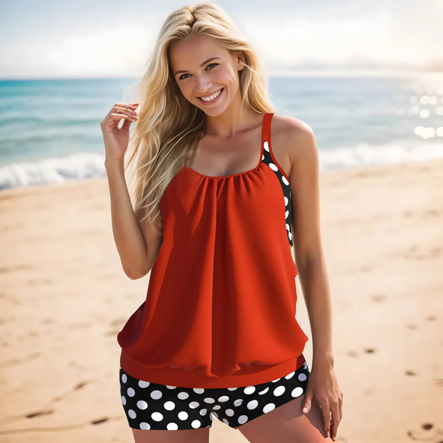 Women's split printed polka dot boxer swimsuit in high waist brief style