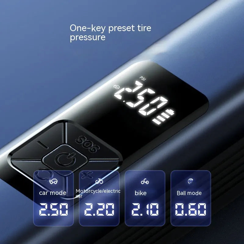 Wireless digital display car air pump with vacuum cleaner function and LED light