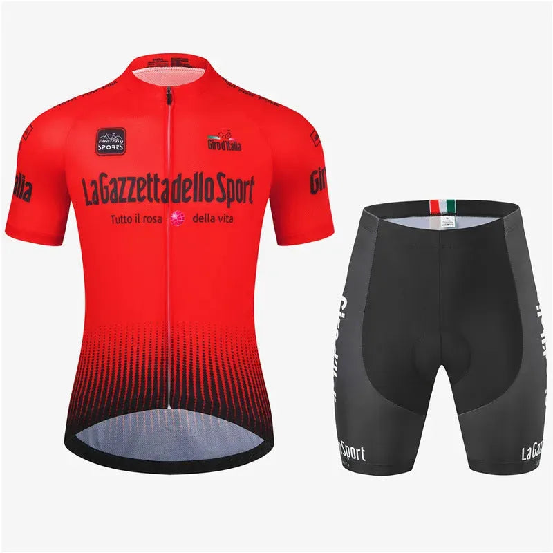 Cycling short sleeve suit in breathable polyester fabric shown in colour option A1