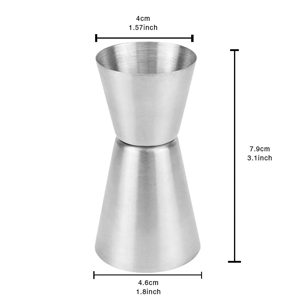 Stainless steel dual-ended cocktail measuring cup and shaker set in silver finish