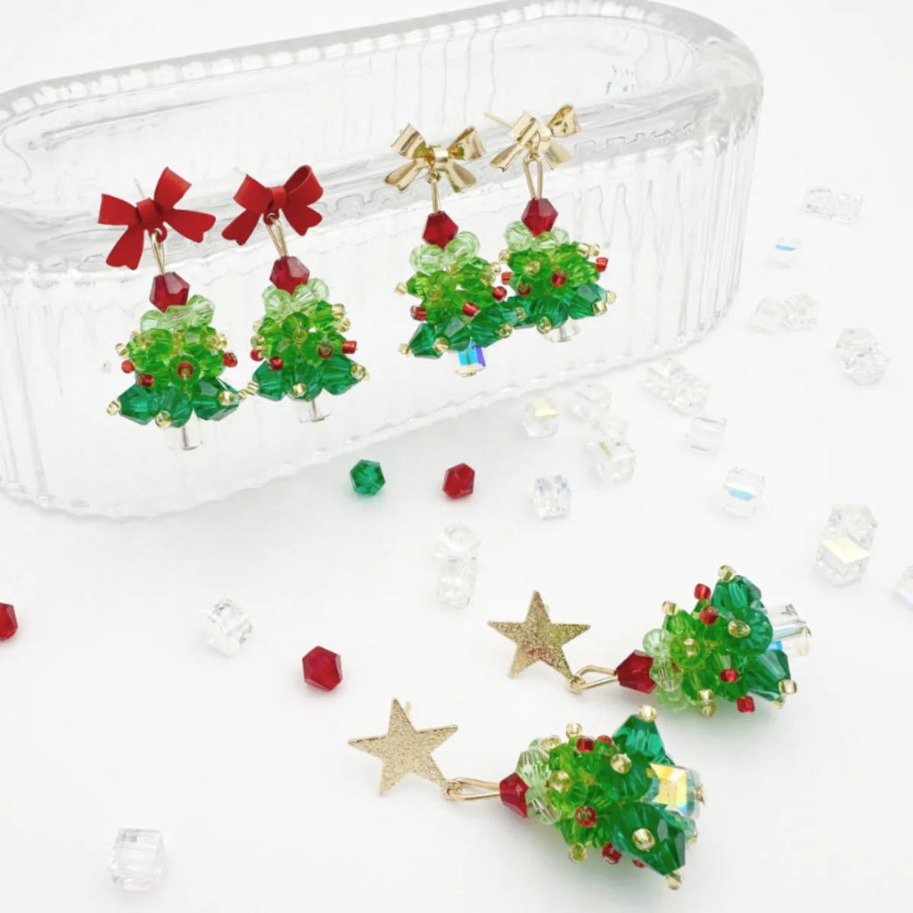 Red bow handmade beaded ear stud necklace bracelet set with mixed materials in New Chinese style