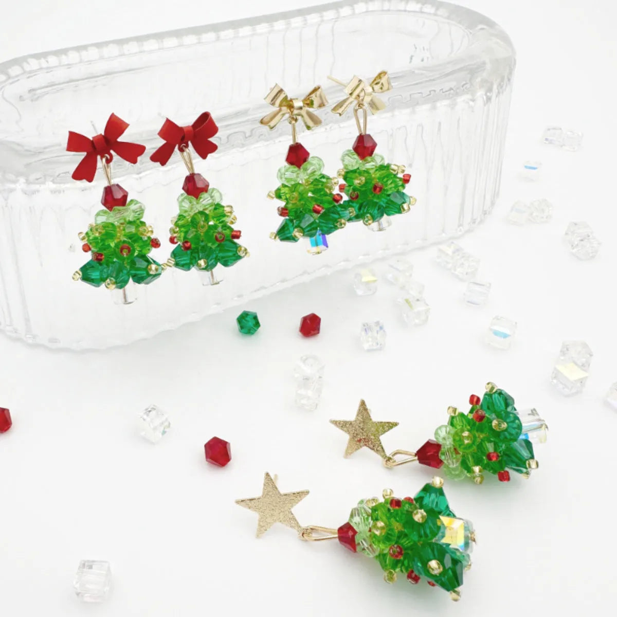 Red bow handmade beaded ear stud necklace bracelet set with mixed materials in New Chinese style