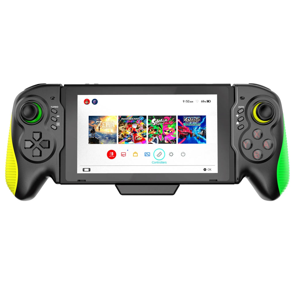 Yellow-green game controller with in-line handle design for Nintendo Switch and PC gaming