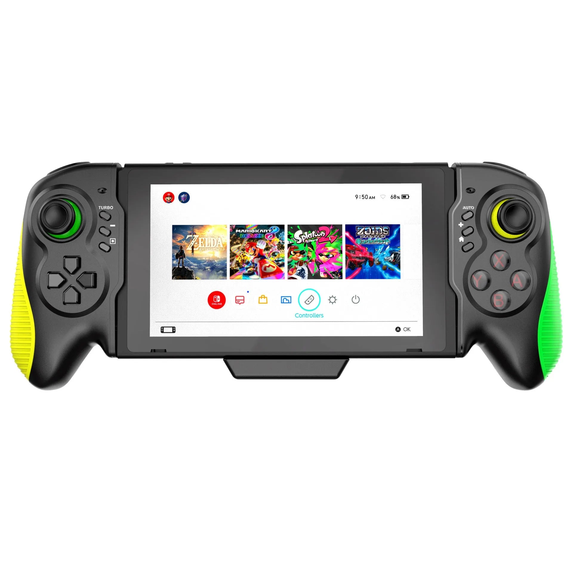 Yellow-green game controller with in-line handle design for Nintendo Switch and PC gaming