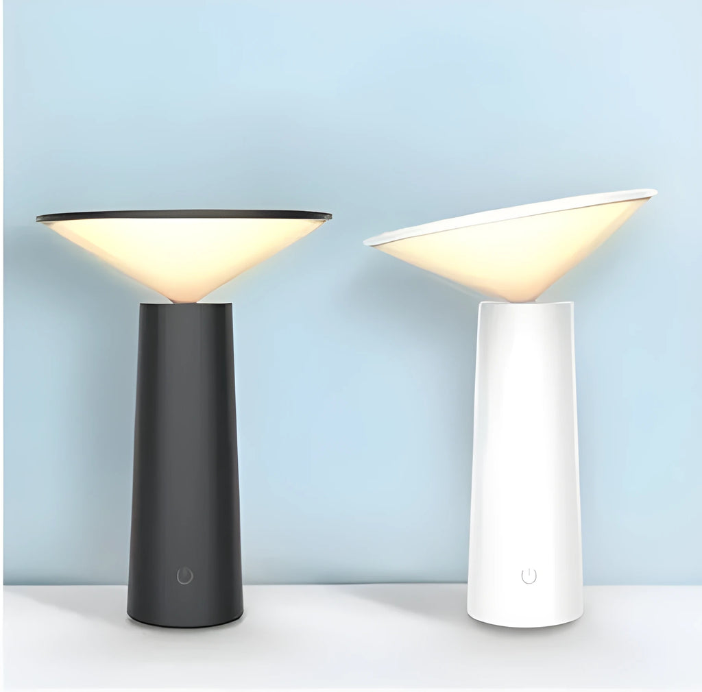 Black USB rechargeable table lamp with touch sensor and adjustable LED reading light head on a desk.